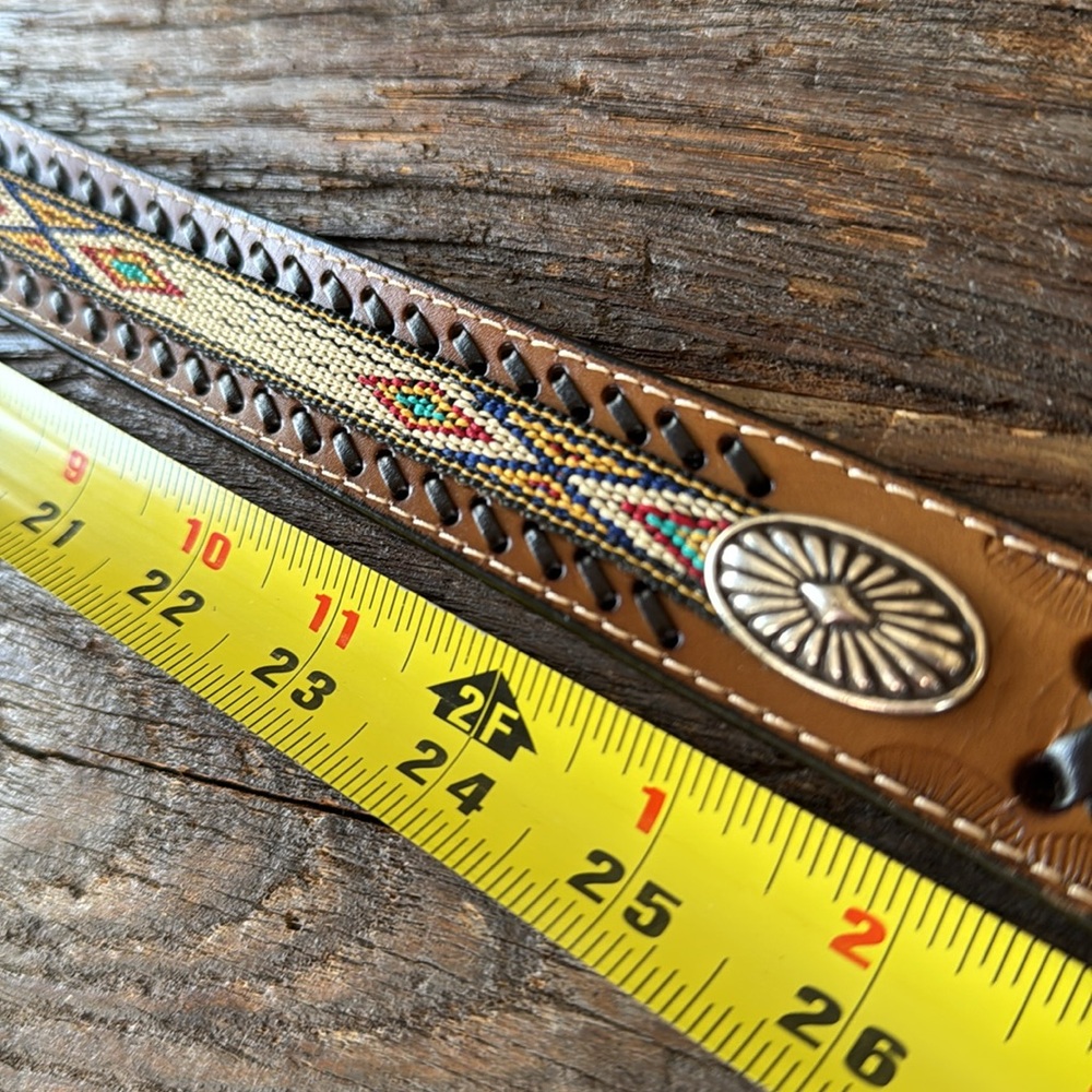 Western leather belt‎ with silver conch & Native ribbon ribbon trim 34-38” - Picture 6 of 7
